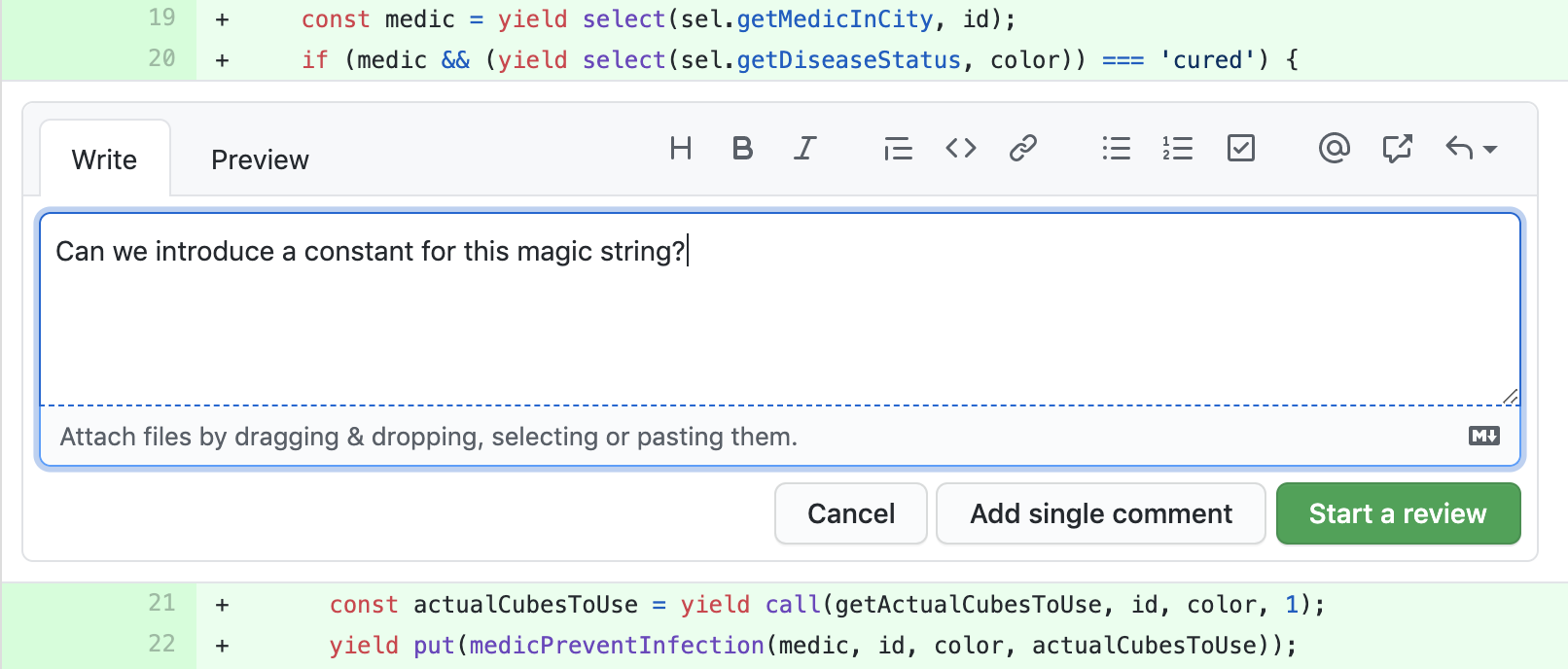 Comment field on a GitHub PR saying "Can we introduce a constant for this magic string?"